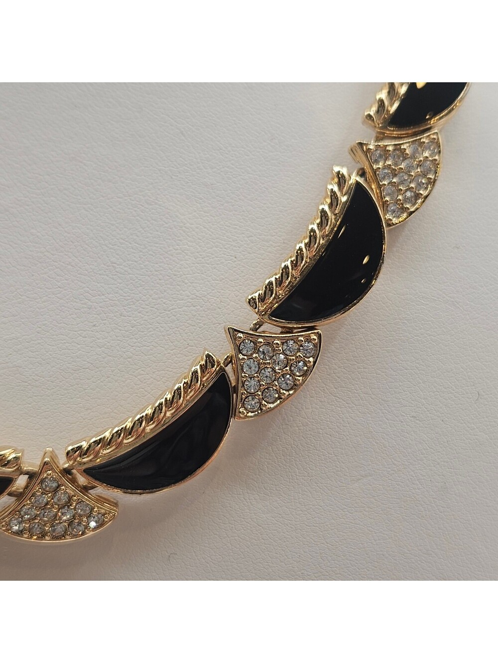 Vintage Rhinestone  Black Enamel Collar Necklace Gold Tone Statement 18" 1980's